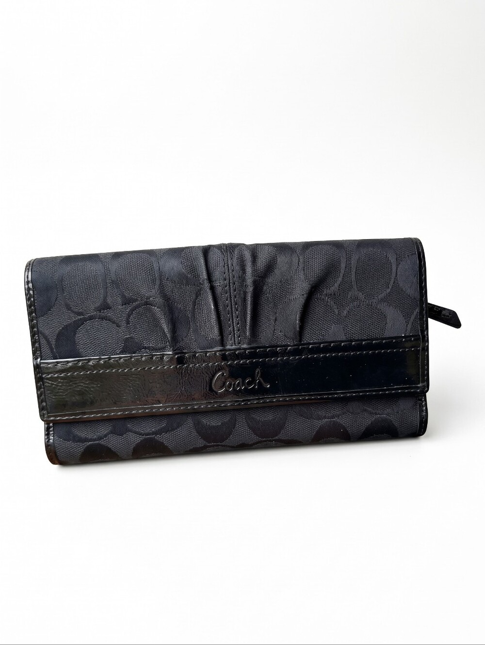 Coach Ashley Black Signature Foldover Wallet With Patent Leather Trim